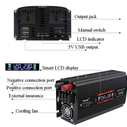 LCD Smart Home Car Inverter 12V To 220V Power Converter, 1500W, 2000W, 2600W, 3000W