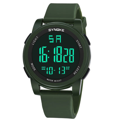 SYNOKE 9002 Montre de Sport Numérique Lumineuse Multifonctionnelle Étanche pour Hommes, Vert Armée, Noir