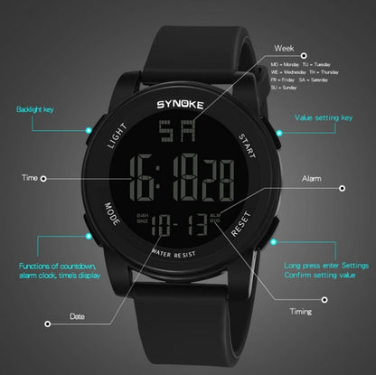 SYNOKE 9002 Montre de Sport Numérique Lumineuse Multifonctionnelle Étanche pour Hommes, Vert Armée, Noir