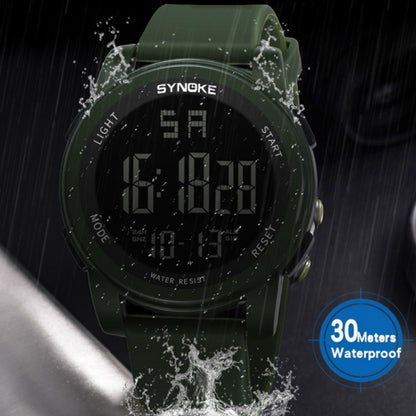 SYNOKE 9002 Montre de Sport Numérique Lumineuse Multifonctionnelle Étanche pour Hommes, Vert Armée, Noir