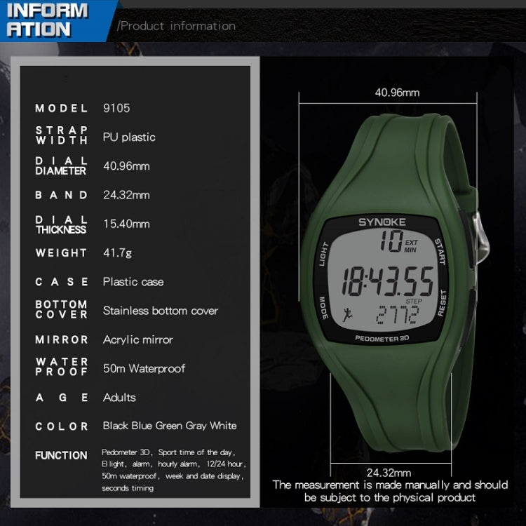 SYNOKE 9105 Multifonctionnel Enregistrement sportif Montre électronique étanche podomètre, Vert armée, Gris, Bleu marine, Noir, Blanc