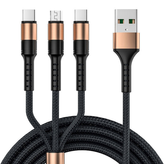 3 in 1 USB to Dual Type-C + Micro USB Quick Charging Sync Data Cable, Output:, 3A (Gold), 3A (Red), 3A (Black), 3A (Blue), 5A (Gold), 5A (Red), 5A (Black), 5A (Blue)
