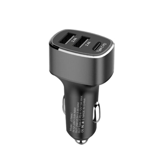 Chargeur de voiture QIAKEY GT690C à trois ports en alliage d'aluminium double USB + USB-C / Type-C, noir, gris