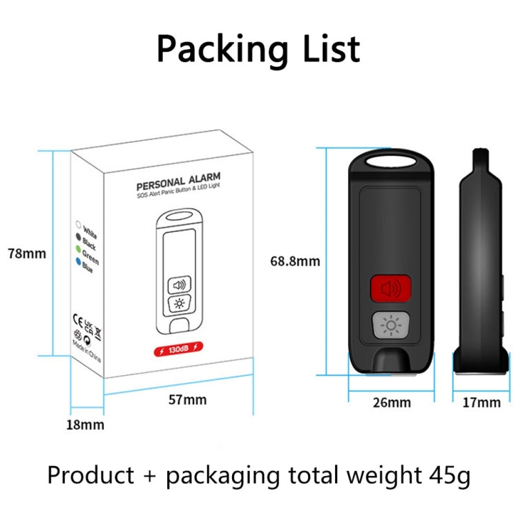 AF-2002 130dB Rechargeable Anti-Wolf Alarm Self-Defense Device With Distress Light, Blue, Green, Black, White