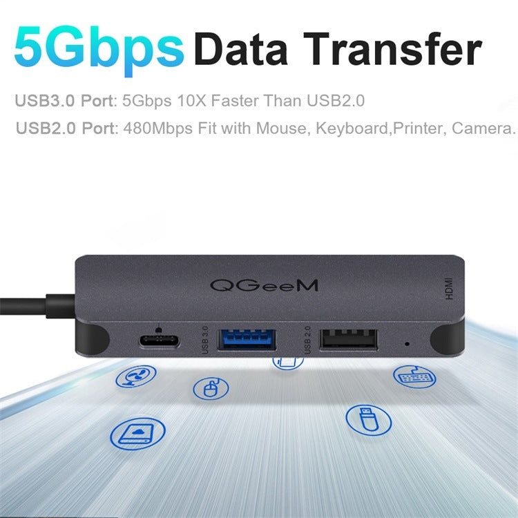 QGeeM UH04-1 4 In 1 USB 3.0 Multifunction Type-C Extension HUB Adapter, 4 In 1