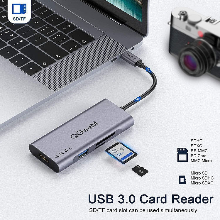QGeeM 7 In 1 Multifunctional USB3.0 TYPE-C Extension HUB Adapter, QG-UH07-3(7 In 1)