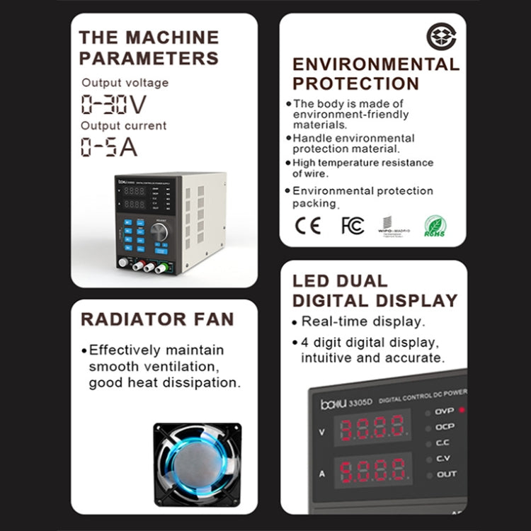 باكو BA-3305D مزود طاقة عالي تيار مستمر 5 أمبير/30 فولت CNC، قابس أمريكي BA-3305D، قابس أوروبي BA-3305D
