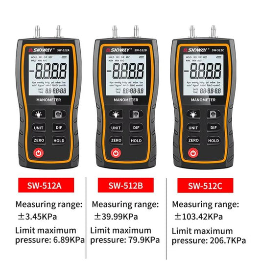 Digital Handheld Differential Pressure Gauge Negative Pressure Tester, SNDWAY SW-512A, SNDWAY SW-512B, SNDWAY SW-512C