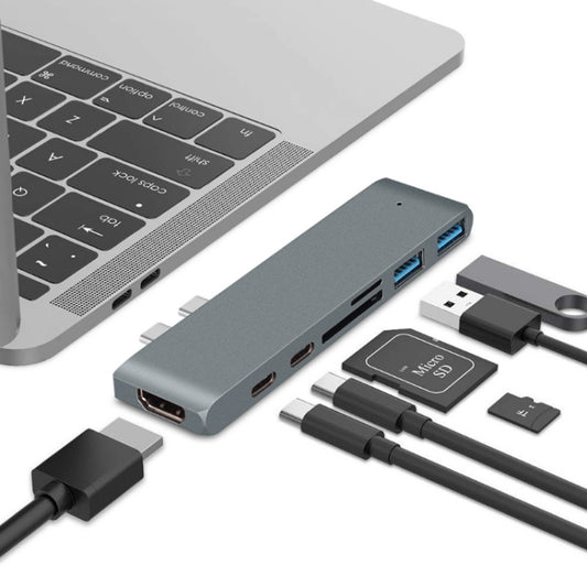 Convertisseur USB 3.1 7 en 1 100W vers 20VPD+Lecteur de carte de données+HUB+HDMI 4K, Gris, Argent