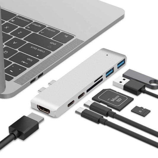 Convertisseur USB 3.1 7 en 1 100W vers 20VPD+Lecteur de carte de données+HUB+HDMI 4K, Gris, Argent