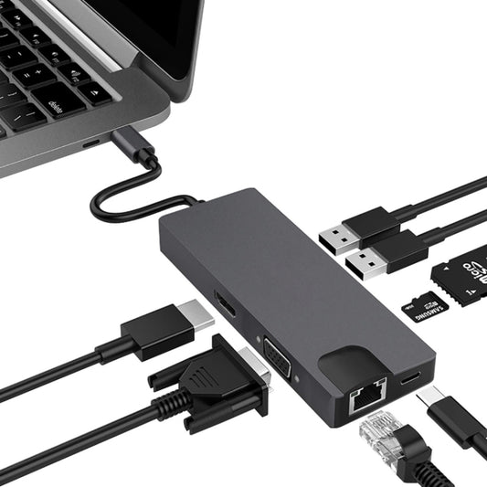 8 In 1 Type-C To HDMI+VAG Gigabit RJ45+USB3.0 Docking Station