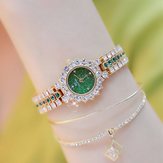 Montre BS Bee Sister FA1580 Sparkling Full Diamond, style Temperament, pour femme, à chaîne, coloris vert doré, bleu doré, bleu argenté et rose café.