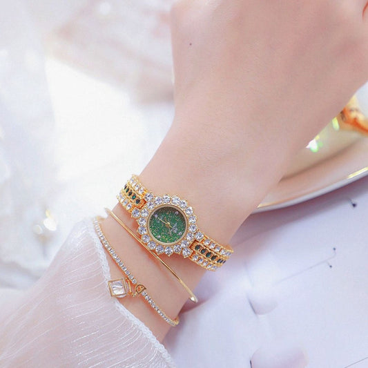 Montre BS Bee Sister FA1580 Sparkling Full Diamond, style Temperament, pour femme, à chaîne, coloris vert doré, bleu doré, bleu argenté et rose café.