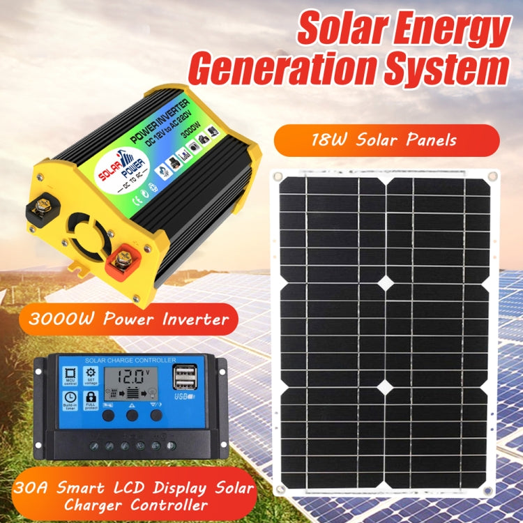 Home Solar Generator Inverter+30A Controller+18W 12V Solar Panel, Specification:, Black 12V To 220V, Black 12V To 110V, Yellow 12V To 220V, Yellow 12V To 110V