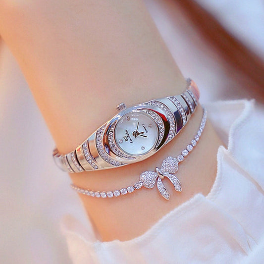 Montre BS Bee Sister FA1540 pour femme, boîtier ovale, petite chaîne, sertie de diamants, argent, or, or rose