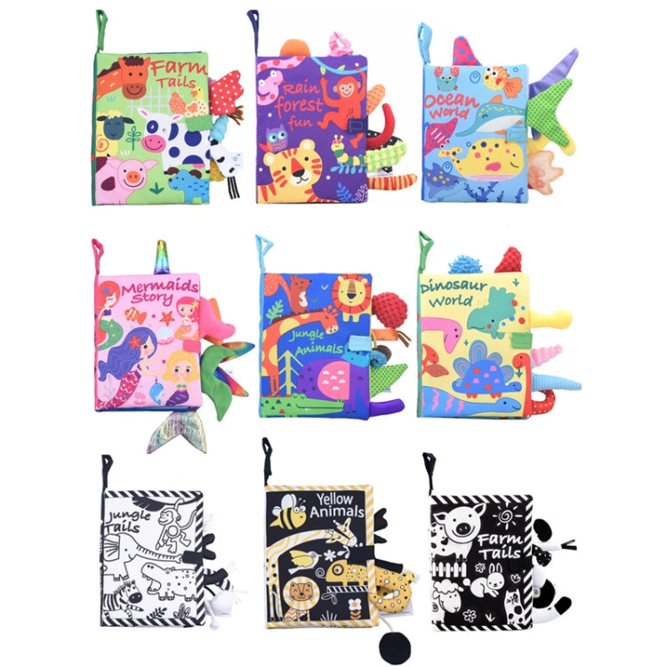 Tail Cloth Book Baby Enlightenment 3D Early Education Cloth Book, Black and Yellow Ainmal, Black and White Jungle, Black and White Farm, Ocean, Jungle, Dinosaur, Tropical Rain Forest, Mermaid, Farm