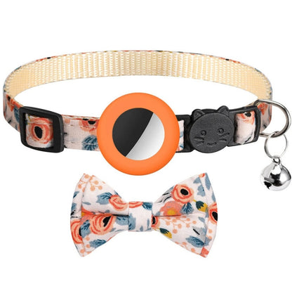 Anti-Lost Printed Bow Pet Collar with Bell for AirTag, Yellow, Blue, Pink, Deep Blue, Orange, Mint Green