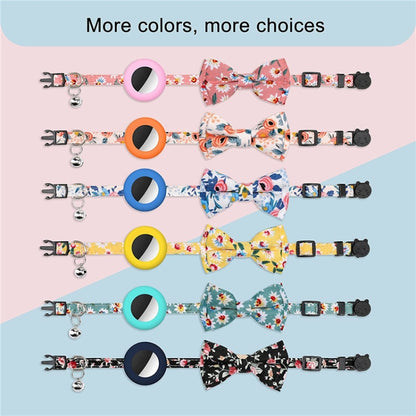 Anti-Lost Printed Bow Pet Collar with Bell for AirTag, Yellow, Blue, Pink, Deep Blue, Orange, Mint Green