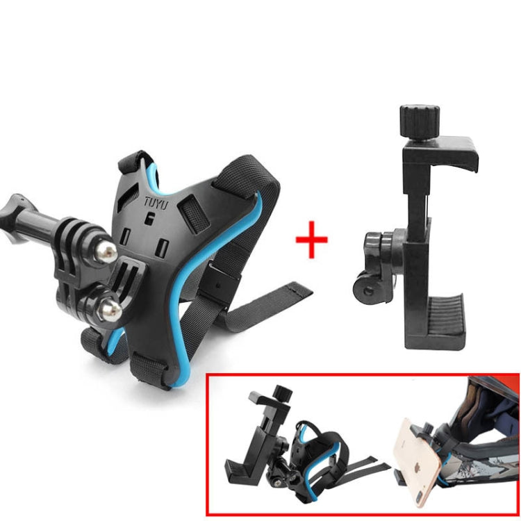 TUYU Support de fixation pour téléphone portable et caméra d'action de menton de casque de moto, support noir, support bleu, support noir + pince de téléphone portable, support bleu + pince de téléphone portable