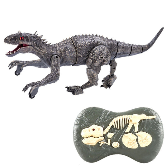 Tyrannosaure mécanique miniature avec télécommande sans fil 2.4 GHz, gris et rouge.