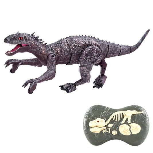 Tyrannosaure mécanique miniature avec télécommande sans fil 2.4 GHz, gris et rouge.