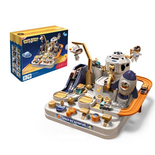 Circuit de train spatial avec fusée et 3 véhicules, jouet mécanique pour enfants. Style&nbsp;: modèle de fusée avec 3 véhicules, modèle de radar avec 3 véhicules.