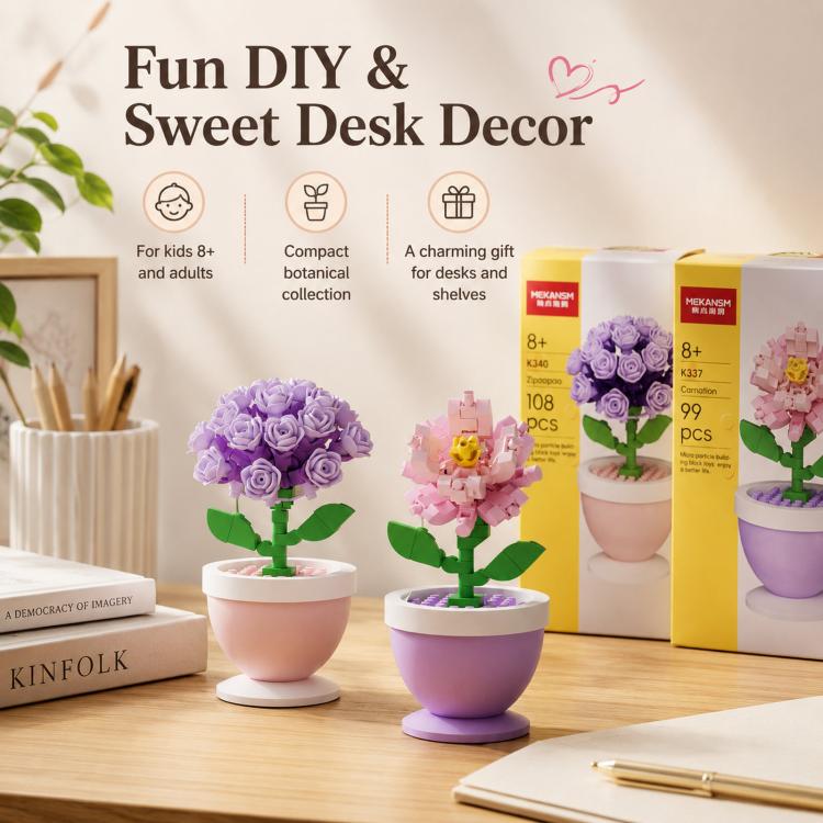 MEKANSM Mini-Blumen-Bausteine, Mikro-Bausteine, Topfpflanze, kleine botanische Sammlung, Schreibtischdekoration, DIY-Spielzeug für Kinder ab 8 Jahren und Erwachsene, K340 Lila Hortensie, K337 Nelke