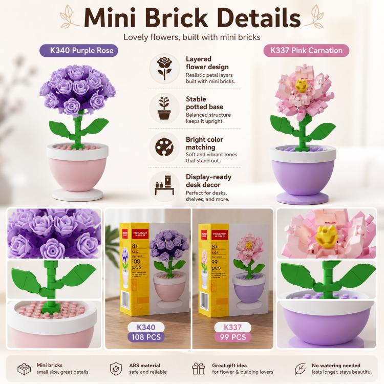 MEKANSM Mini-Blumen-Bausteine, Mikro-Bausteine, Topfpflanze, kleine botanische Sammlung, Schreibtischdekoration, DIY-Spielzeug für Kinder ab 8 Jahren und Erwachsene, K340 Lila Hortensie, K337 Nelke