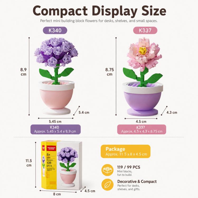MEKANSM Mini-Blumen-Bausteine, Mikro-Bausteine, Topfpflanze, kleine botanische Sammlung, Schreibtischdekoration, DIY-Spielzeug für Kinder ab 8 Jahren und Erwachsene, K340 Lila Hortensie, K337 Nelke