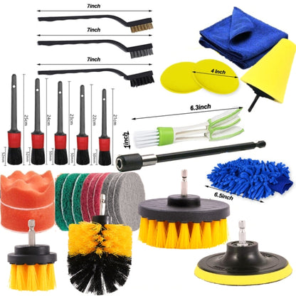 30 pièces/ensemble brosse de détail de voiture, brosse de nettoyage pour perceuse, kit de gant de lavage de voiture, 30 en 1