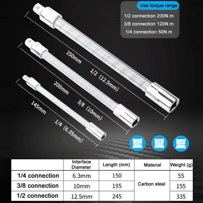 Jeu de 3 rallonges de douille articulées universelles flexibles 1/4-3/8-1/2, couleur : Argent, Noir