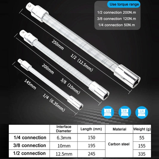 3 PCS/Set 1/4-3/8-1/2 Sleeve Extension Bendable Universal Joint Rod, Color:, Silver, Black