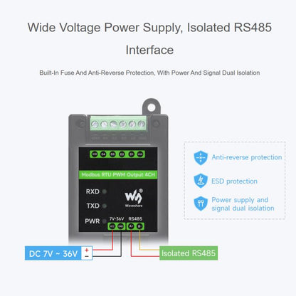 Waveshare Industrial 4-Ch PWM Output Module Modbus RTU RS485, Adjustable Frequency & Duty Cycle, Modbus RTU PWM Output 4CH