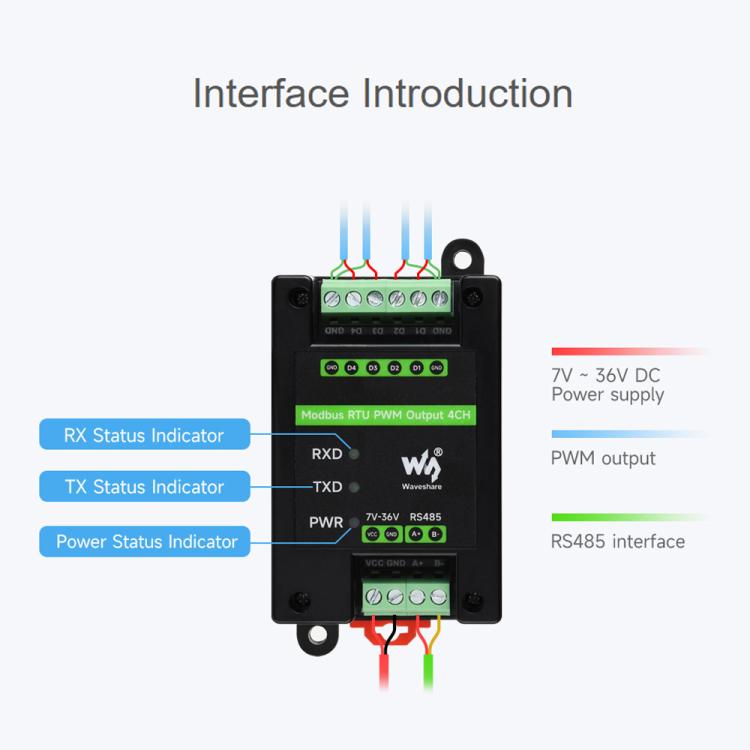 Waveshare Industrial 4-Ch PWM Output Module Modbus RTU RS485, Adjustable Frequency & Duty Cycle, Modbus RTU PWM Output 4CH