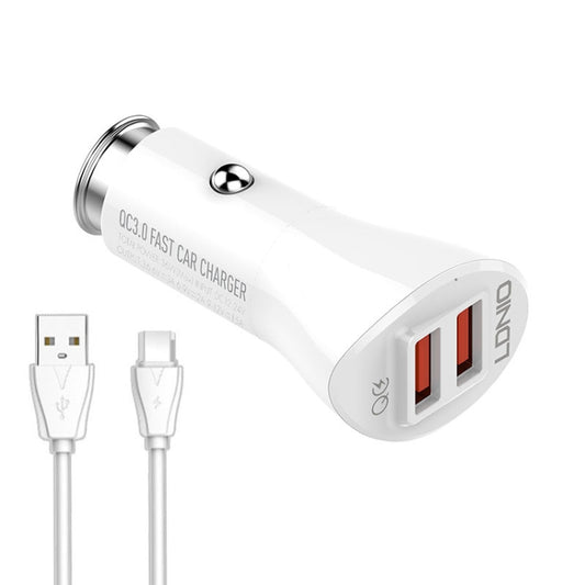 Chargeur rapide pour téléphone LDNIO C511Q 36 W QC 3.0 avec deux ports USB, chargeur intelligent pour voiture, câble micro USB, câble 8 broches et câble USB-C/Type-C inclus.