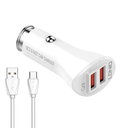 LDNIO C511Q 36W QC 3.0 Phone Fast Charger Dual-USB Ports Smart Car Charger, with Micro USB Cable, with 8 Pin Cable, with USB-C/Type-C Cable