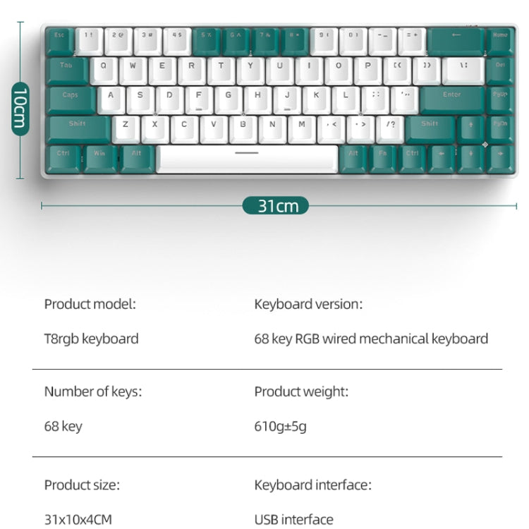 ZIYOU LANG T8 68 Keys RGB Gaming Mechanical Keyboard, Cable Length: 1.5m, Style:, T8 Water Green Version Green Shaft, T8 Water Green Version Red Shaft, T8 Bee Version Green Shaft, T8 Bee Version Red Shaft, T8 Gundam Version Green Shaft                 ...