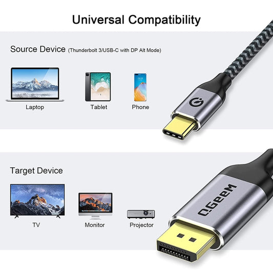QGeeM QG-UA13 Type-C To DP 4K 60Hz Nylon Braided Adapter Cable, Length:, 1.2m (4K-60Hz), 1.8m (4K-60Hz), 3m (4K-60Hz)