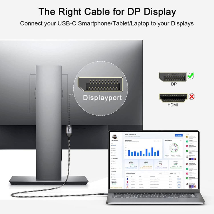 QGeeM QG-UA13 Type-C To DP 4K 60Hz Nylon Braided Adapter Cable, Length:, 1.2m (4K-60Hz), 1.8m (4K-60Hz), 3m (4K-60Hz)