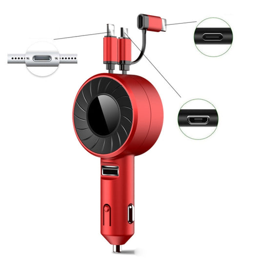 Chargeur de voiture rétractable 3 en 1 double câble USB, rouge, noir
