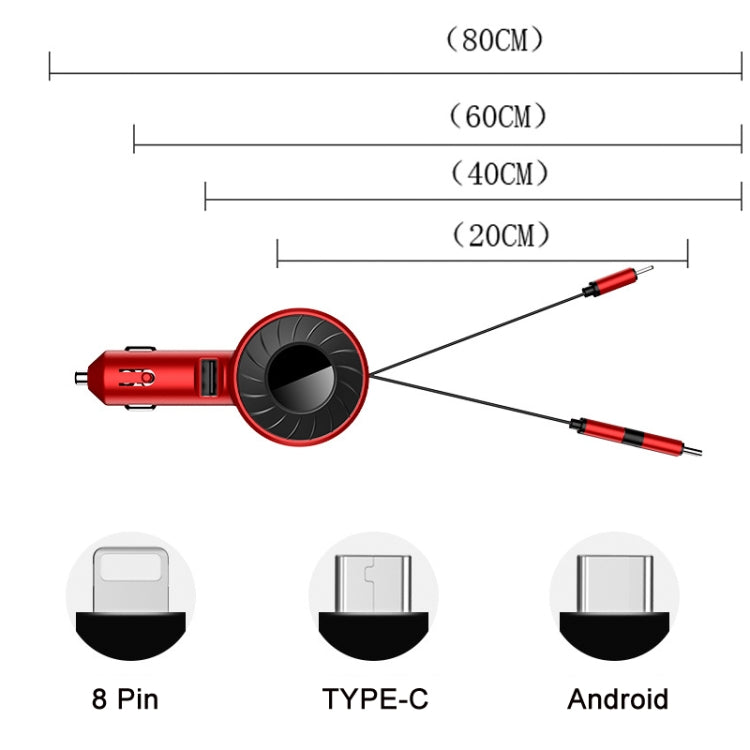 3 In 1 USB Dual Cable Single Pull Retractable Car Charger, Red, Black