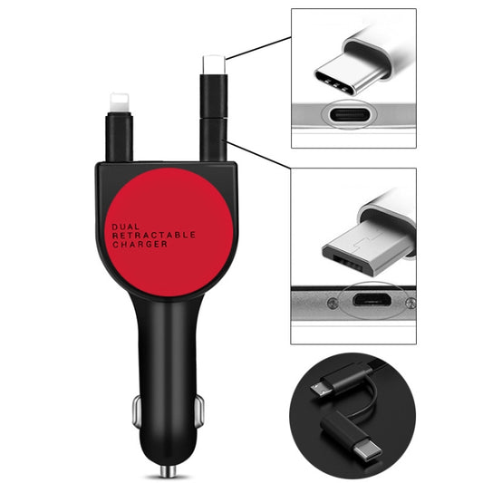 Chargeur de voiture 3 en 1, double USB 3.1A, rétractable, charge rapide QC3.0, rouge, blanc, bleu, vert, noir