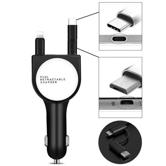 Chargeur de voiture 3 en 1, double USB 3.1A, rétractable, charge rapide QC3.0, rouge, blanc, bleu, vert, noir