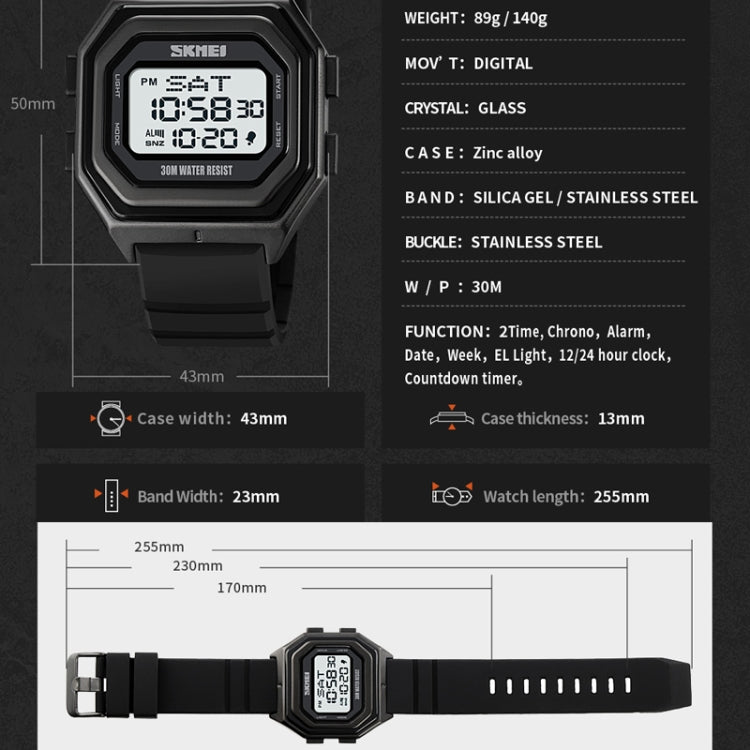 SKMEI 1875 Montre électronique d'extérieur pour homme, montre multifonctionnelle avec fonction de chronométrage, Style : 1875 Bracelet en silicone noir, 1875 Bracelet en acier blanc, 1875 Bracelet en acier noir, 1875 Bracelet en silicone blanc
