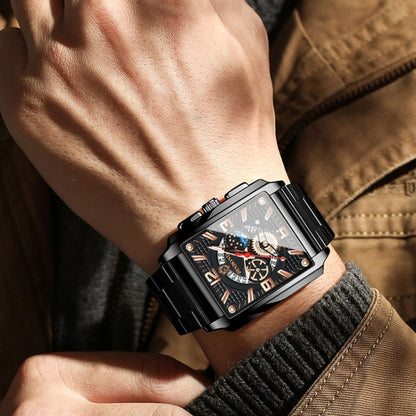 BINBONG B6575 Montre à quartz lumineuse étanche multifonctionnelle carrée vintage pour homme, Noir-Or rose-Noir-Rose, Noir-Noir-Noir-Blanc, Noir-Noir-Noir-Rose, Or-Noir, Blanc-Noir, Cuir marron-Or rose-Noir, Cuir noir-Or rose-Noir...