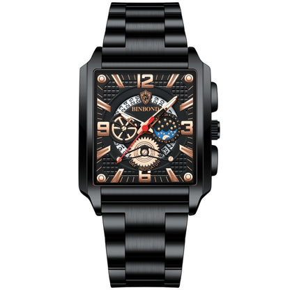 BINBONG B6575 Montre à quartz lumineuse étanche multifonctionnelle carrée vintage pour homme, Noir-Or rose-Noir-Rose, Noir-Noir-Noir-Blanc, Noir-Noir-Noir-Rose, Or-Noir, Blanc-Noir, Cuir marron-Or rose-Noir, Cuir noir-Or rose-Noir...