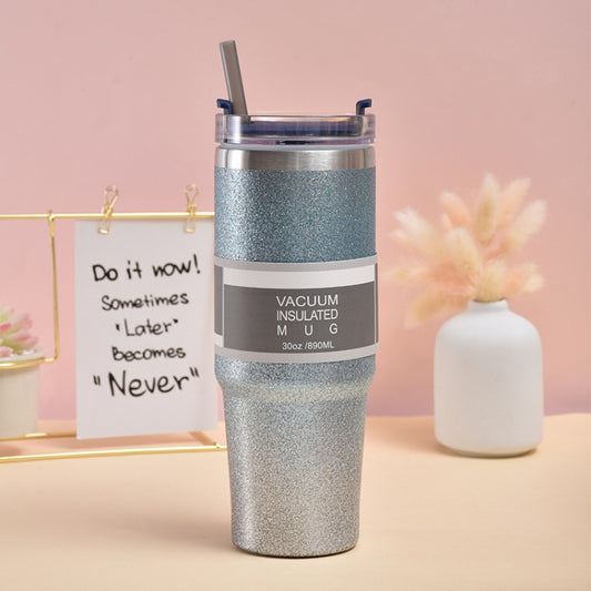 Glitter Insulation Coffee Cup Double Layer Ice Cup Stainless Steel Car Cup With Straw, 30oz