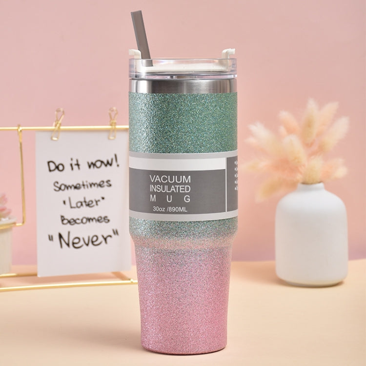 Glitter Insulation Coffee Cup Double Layer Ice Cup Stainless Steel Car Cup With Straw, 30oz