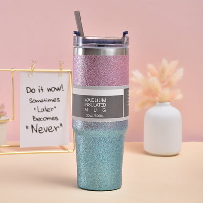Glitter Insulation Coffee Cup Double Layer Ice Cup Stainless Steel Car Cup With Straw, 30oz