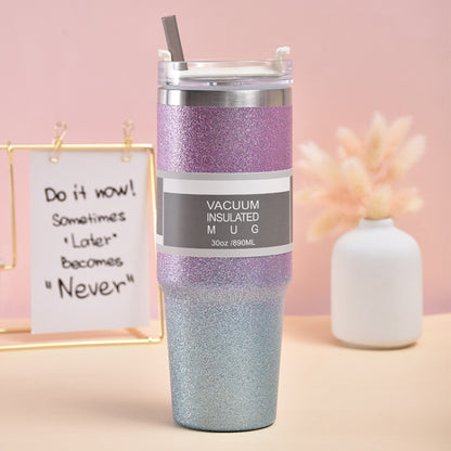 Glitter Insulation Coffee Cup Double Layer Ice Cup Stainless Steel Car Cup With Straw, 30oz